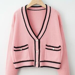 SHEIN Contrast Trim Pink Knitted Cropped Cardigan